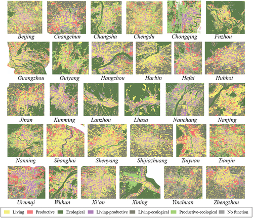 Figure 5. Land-functional-zone mapping results of 30 cities’ urban areas in 2015.