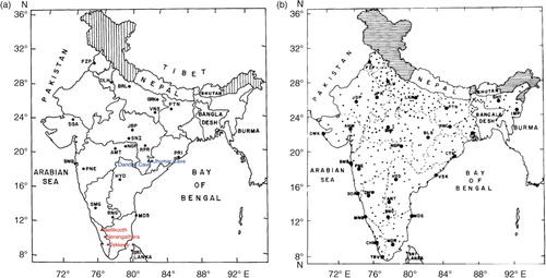 Fig. 2.*  (a) Locations of the 19 selected stations. Mountainous regions (hatched) were not considered for the study. The stations are AMT (Amraoti), BMB (Bombay), BNG (Bangalore), BRL (Bareilly), DSA (Deesa), DLH (Delhi), FZP (Ferozepur), GRK (Gorakhpur), HYD (Hyderabad), JBP (Jabalpur), MDS (Madras), NGP (Nagpur), PTN (Patna), PNE (Pune), PRI (Puri), RPR (Raipur), SMG (Shimoga), SNI (Seoni) and VNS (Varanasi). The locations of the three tree-ring sites used in KTRC are marked in red. The locations of Dandak and Jhumar caves are marked in blue (adapted from Sontakke et al., Citation1993). (b) Network of 306 rain gauge stations over the area considered excluding hilly area (hatched) (Mooley and Parthasarathy, Citation1984).*The geographical boundaries shown in this figure do not necessarily correspond to the political boundaries.