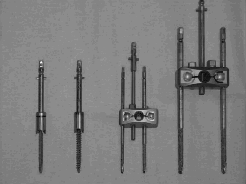 Figure 1. The four tracker attachment fixation devices tested: 4.0 mm self-locking Steinman pin; 5.0 mm self-locking Steinman pin, 3.0 mm Hoffman fixator; and 5.0 mm Hoffman fixator.