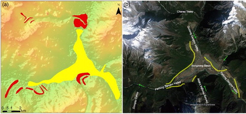 Figure 8. Ice-dammed paleolake as yellow polygon and in Songzong Basin with color-rendered DEM image (left), and Google Earth view (right). Related marginal moraines mapped as poinsettia red. Location is marked in Figure 3.