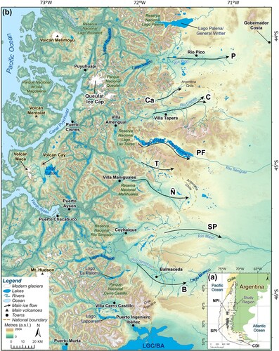 Figure 1. Continental and regional setting of valleys mapped in this study. (b) Regional setting of mapped valleys, including the location of the main outlet glaciers: P: Río Pico, Ca: Río Caceres, C: Río Cisnes, PF: Lago Plata-Fontana, T: El Toqui, Ñ: Lago Coyt/Río Ñirehuao, SP: Simpson/Paso Coyhaique, and B: Balmaceda. LGC/BA: Lago General Carrera-Buenos Aires. Arrows represent main ice-flow directions. (a) Southern South America, including the mapped area. NPI: Northern Patagonian Icefield; SPI: Southern Patagonian Icefield; CDI: Cordillera Darwin Icefield. Ice extent at 35 ka is also presented and was extracted from PATICE (CitationDavies et al., Citation2020). Modern ice extent from RGI v. 6.0, region 17 (CitationArendt et al., Citation2017).