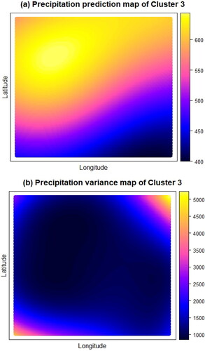 Fig. 9. (a) Prediction (b) Variance map of precipitation for Cluster 3 using ordinary kriging.