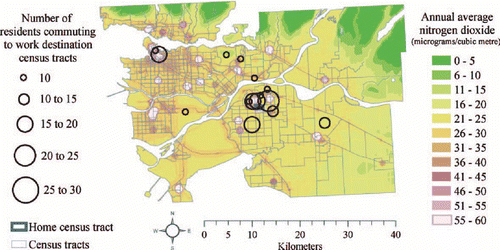 Figure 6 Work destinations for female commuters in a selected suburban census tract.