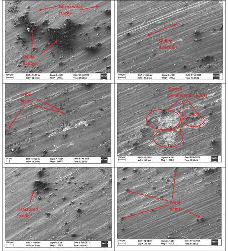 Figure 16. SEM micrographs of worn out surface of the composite at operating temperature of 210°C; 50 N load and 200 rpm disc speed.