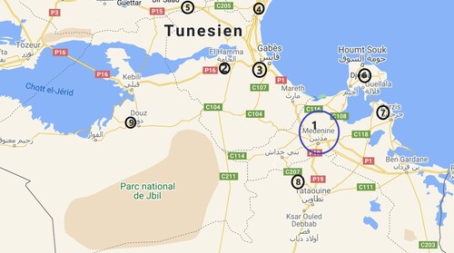 Map 1. Dialects of southern Tunisia for which studies or data have been published (in black circles).
