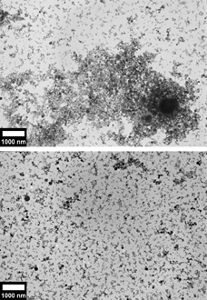 FIG. 2 (top) Transmission electron micrograph of 7.5 mg of mild steel GMAW fume in 2.5 ml ethanol. (bottom) Transmission electron micrograph of 6.0 mg mild steel GMAW fume in 3 ml of lauric acid–ethanol solution (3.33 × 10−5 moles/l).