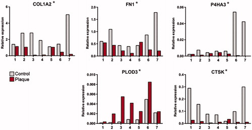 Figure 3. Relative gene expression to ACTB (β-actin), both in tunica albuginea (control) and affected plaque from seven patients with PD. The following genes are shown: COL1A2; FN1; PLOD3; P4HA3; CTSK) *p < .05 as determined by the Wilcoxon paired rank test.