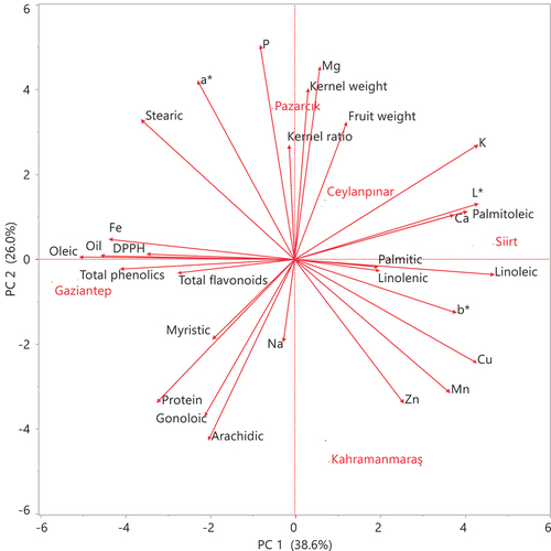 Figure 3. Biplot graph based on nut and biochemical properties of Siirt pistachio cultivar grown in different region.