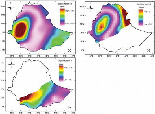 Fig. 5 Distribution of local Moran index for: (a) annual, (b) summer main rainy season (July–September), and (c) spring/summer season (April–October) rainfall.