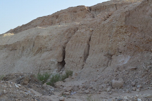 Figure 5. Photograph looking at the southern edge of Fifa, where parallel vertical grooves indicate quarrying activity via backhoe.