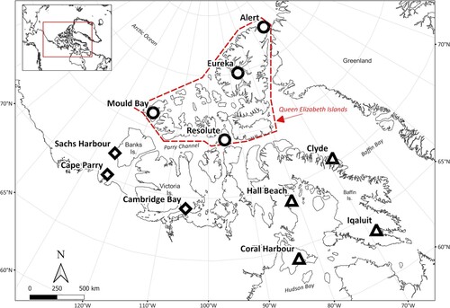 Fig. 1 Study area and the locations of the 11 study sites. Northern sites are denoted by circles; southeastern sites by triangles; and southwestern sites by diamonds. Islands north of the Parry Channel (bounded by red dashed line in the main map) are collectively known as the Queen Elizabeth Islands (QEI).