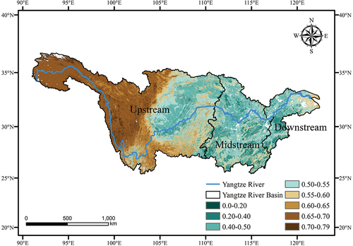 Figure 2. The spatial distribution characteristics of average vegetation carbon use efficiency in the Yangtze River Basin from 2005 to 2020.