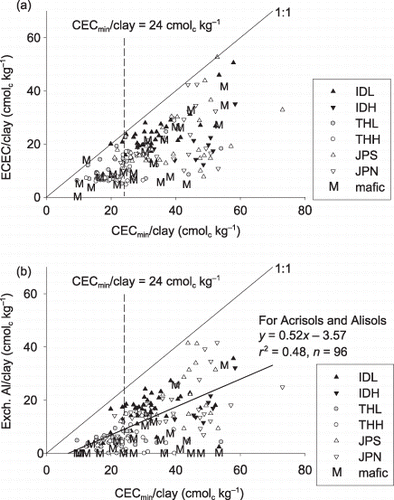 Figure 4  Characteristics of the cation exchange capacity (CEC) of the soils. CECmin/clay, CEC value per unit clay content; ECEC/clay, effective CEC (sum of exchangeable bases and Al) divided by clay content.