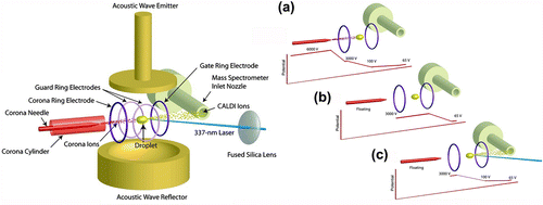 Figure 14 (Colour online) Schematic diagram of the setup for taking CALDI mass spectra of acoustically levitated particles and the timing sequence of the experiment involving charging the droplet, equilibration step and LDI step. Reproduced with permission from Ref. [200].