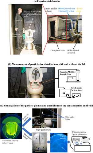 Figure 1. Experimental setup: (a) experimental chamber, (b) measurement of particle size distributions with and without the lid, and (c) visualization of the particle plumes and quantification of the contamination on the lid.
