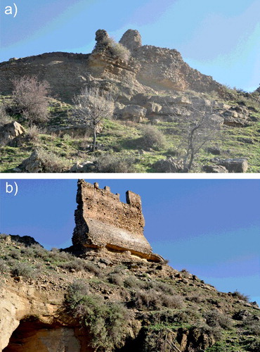 Figure 5. Outcropping of cemented sandy-pebbly shoreface deposits (a) on which the foundations of wall are based (b). The picture (b) shows clearly the erosional processes acting at the base of relict castle walls.