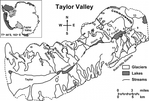 FIGURE 1.  Location map of Taylor Valley, Antarctica. Numbers indicate stream locations: (1) Lyons Creek, (2) Santa Fe Stream, (3) Priscu Stream, (4) Andersen Creek, (5) Andrews Creek, (6) Canada Stream, (7) Huey Creek, (8) Lost Seal Stream, (9) McKnight Creek, (10) Aiken Creek, (11) Delta Stream, (12) Green Creek, and (13) Commonwealth Stream. Note that 1, 2, 4, 5, 6, and 12 are very close to the glaciers and cannot easily be distinguished on the map