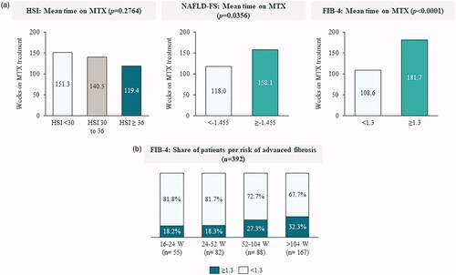 Figure 4. Relationship between HSI, NAFLD-FS and FIB-4 scores and time on treatment with methotrexate. (a) Mean time on MTX according to HSI, NAFLD-FS and FIB-4 risk groups. (b) Share of patients with low-risk and at-risk of advanced fibrosis according to time on MTX, measured by FIB-4. FIB-4: fibrosis-4; HSI: hepatic steatosis index; NAFLD-FS: nonalcoholic fatty liver disease fibrosis score; W: weeks.