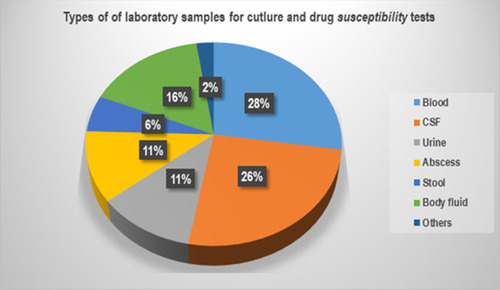 Figure 1 A pie chart showing the types of laboratory samples for culture and drug susceptibility tests.