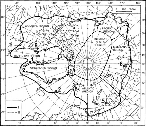 Fig. 1  Location of meteorological stations operating in the Arctic in the period of the first International Polar Year, in 1882–83. The Arctic and its climatic regions are defined according to Trešnikov (Citation1985). The southern Arctic boundary has been delimited based on analysis using long-term mean values of all meteorological variables, their seasonal cycles and variability characteristics. The boundary of the Arctic is shown as the thick solid line (I); boundaries between climatic regions are indicated with thick dashed lines (II); the Arctic Circle is indicated with a thin dashed line. The stations comprised the following: Godthåb (1), Jan Mayen (2), Kapp Thordsen (3), Malye Karmakuly (4), Kara Sea (5), Sagastyr (6), Point Barrow (7), Lady Franklin Bay (8) and Kingua Fjord (9).