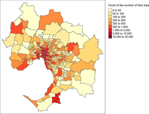 Figure 3. Count of the number of bicycle trips (per SA2 area). Data reflect where trips commenced (the origin).