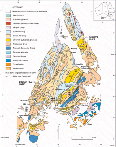 Figure 1 Geological map of the Broken Hill and Euriowie Inliers, Broken Hill Domain, showing sample locations. Note: sample numbers are abbreviated, e.g. 5816 is sample 200218.5816, 5036 is sample 9818.5036.