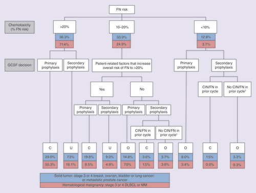 Figure 1. Treatment decision relative to European Organisation for Research and Treatment of Cancer guidelines by cohort. †Secondary prophylaxis started in cycle 2 or later despite no CIN/FN in prior cycle.C: Correctly-prophylacted; CIN: Chemotherapy-induced neutropenia; DLBCL: Diffuse large B-cell lymphoma; FN: Febrile neutropenia; MM: Multiple myeloma; O: Over-prophylacted; U: Under-prophylacted.