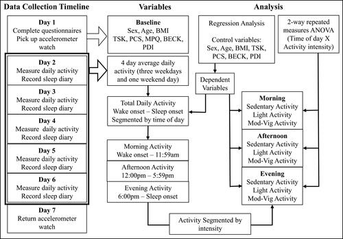 Figure 1 A research timeline indicating the variables taken at baseline include sex, age, BMI, TSK, PCS, MPQ, BECK, and PDI. Daily activity from three weekdays and one weekend day was averaged and segmented by time of day. Day time included the entire time from wake-onset to sleep-onset. Day time was segmented into morning, afternoon and evening, activity was segmented by sedentary, light, and moderate to vigorous activity.Abbreviations: BMI, body mass index; TSK, Tampa Scale for Kinesiophobia; PCS, Pain Catastrophizing Scale; PDI, Pain Disability Index; MPQ, McGill Pain Questionnaire; Mod-Vig, moderate-vigorous.