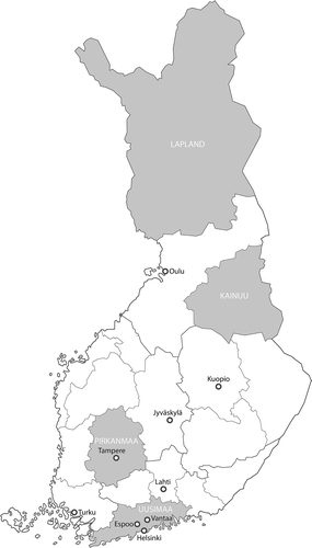 Figure 2. The administrative structure of Finland including cities over 100 000 inhabitants; the discussed regions are highlighted in grey