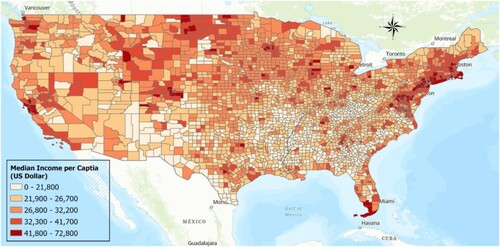 Figure 2. Social-environmental factor: median income per capita (in US Dollars).