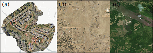 Figure 1. Examples of aerial images from different acquisition platforms uploaded to OAM, taken by drone (a), aircraft (b), and satellite (c).