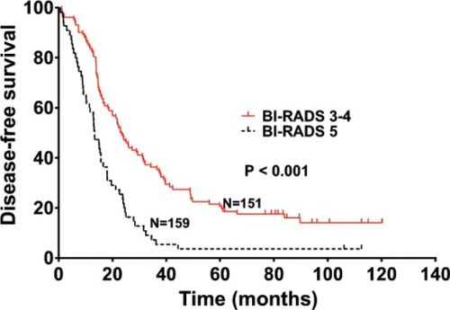 Figure 4 Disease-free survival of patients with HER2+ breast cancer stratified by BI-RADS classification.Abbreviation: BI-RADS, Breast Imaging-Reporting and Data System.