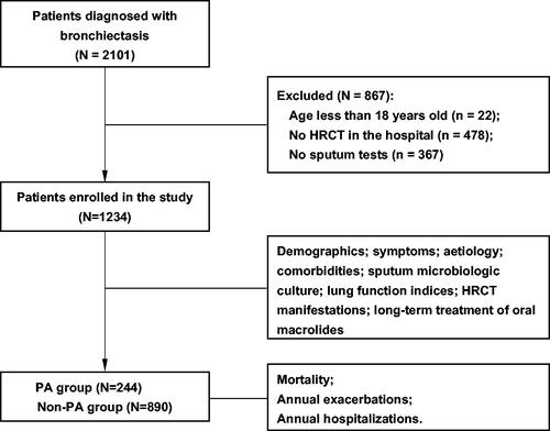 Figure 1. Flow chart of patient enrolment and analysis. HRCT: high-resolution computed tomography; PA: Pseudomonas aeruginosa.