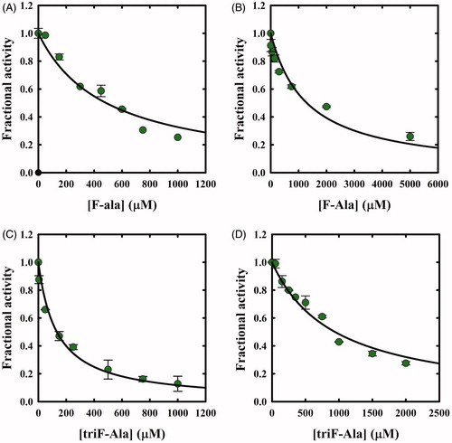 Figure 5. Dependence of OASS fractional activity on the concentration of fluoroalanine derivatives. (A) OASS-A and F-Ala; (B) OASS-B and F-Ala; (C) OASS-A and triF-Ala; (D) OASS-B and triF-Ala. The IC50 was obtained by fitting data points to Equation (2). The calculated IC50 values for F-Ala were 480 ± 50 µM and 1290 ± 230 µM for OASS-A and OASS-B, respectively, and for triF-Ala 130 ± 10 µM and 940 ± 60 µM, for OASS-A and OASS-B, respectively.