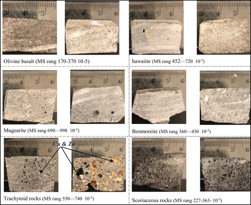 Figure 4. Photographs of the studied volcanic rocks with their magnetic susceptibility (MS) values measured in international system (SI). Ca = calcite and Ze = zeolite; Ca and Ze are depicted in thin sections given in Figure 9.