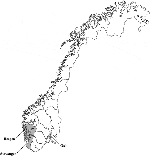 Figure 1. Norway. Studied region in grey, showing the two largest cities in southwestern Norway and the capital Oslo.