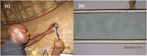 Figure 1. Insecticidal mesh installed as ITWLs in community dwellings as part of the field trial: (a) indoor installation of mesh in a traditional hut, (b) green (0.29 wt-% alphacypermethrin) mesh as an insecticidal wall lining in a western style brick house.