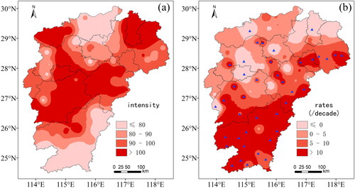 Figure 6. Spatial distribution (a) and its trends (b) of intensity of HW events in Jiangxi Province (1959-2023) (shading indicates intensity (a) and the trend significance level (b). Solid triangles indicate passing 0.05 significance test).