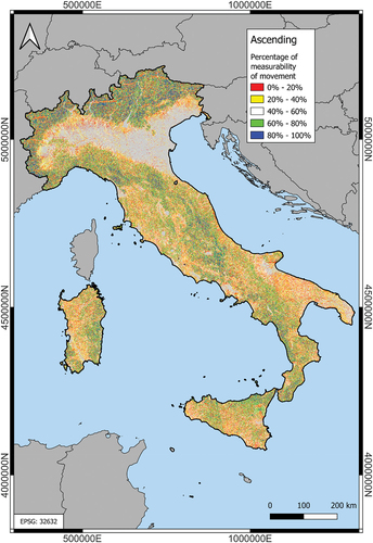 Figure A3. Percentage of measurability map of the Italian Peninsula, ascending geometry.
