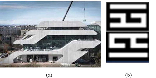 Figure 8. (a) The Pierres Vives building Side façade (Hof, Citation2012), (b) The Kufic script “Bannai” (Herati, Citation2004)