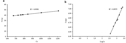 Figure 3. Isotherm models for COD reduction (a) Langmuir and (b) Freundlich