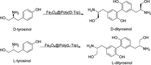 Figure 12. Enantioselective synthesis of tyrosinol catalyzed by Fe3O4@Poly(L-/D-Trp).