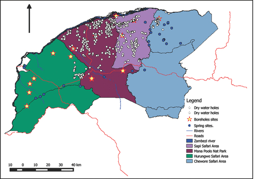 Figure 3. Distribution of natural water holes (dry) in relation to springs and borehole sites in Mid Zambezi.