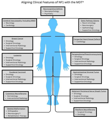 Figure 2 Schematic outlining the necessary specialties to be included when dealing with specific clinical manifestations of NF1. *For optimal management, it is advisable to consult with a NF expert for all these conditions, prior to referral to specialties included above. **Neurosurgery should be considered imperative when addressing skeletal malformations involving the spine.
