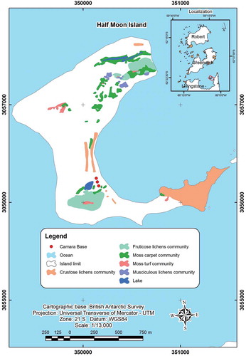 Figure 2. Distribution map of the plant communities on Half Moon Island, Antarctica.