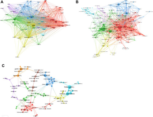 Figure 3 Bibliometric analysis of co-authorship. (A) Country. (B) Institution. (C) Author.