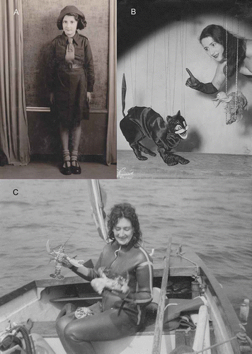 Figure 1. Phyllis Fisher (A) age 8; (B) with puppets, early 1950s; (C) diving, early 1960s. Photographs from the personal collection of Phyllis Knight-Jones.