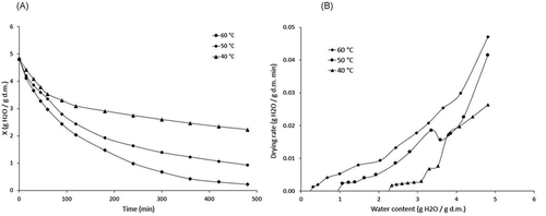 Figure 1. A: Drying kinetics and B: rate kinetics of mortiño at 40, 50, and 60°C.