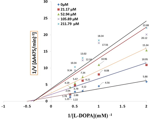 Figure 3 LineweavereBurk plot for the inhibition of tyrosinase activity by compound 1. Concentrations 0 µM, 21.17 µM, 52.94 µM, 105.89 µM and 211.79 µM were used for analysis compound 1.