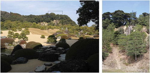 Figure 9. The Kikaku waterfall in Adachi Museum Garden, outside Matsue. (a) From inside the garden (175 m distance). (b) From outside the garden (50 m distance), revealing the true height of the fall.